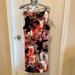 Connected Apparel Rose Print Midi Dress - Black, Red, Cream